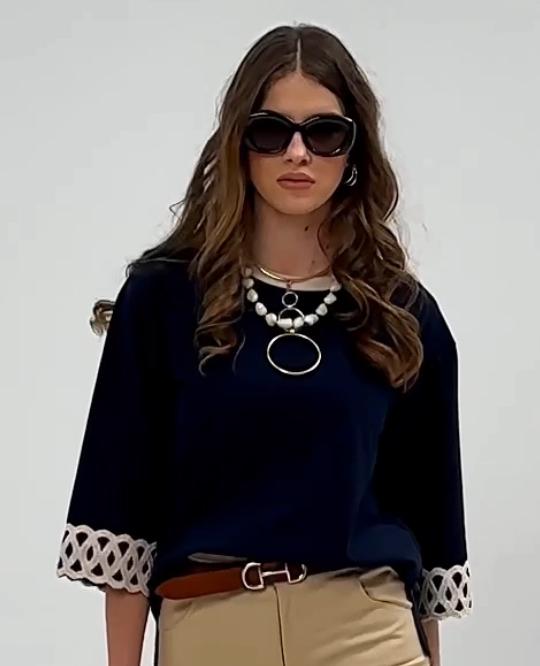 Navy blue T-shirt with decorative sleeve detail