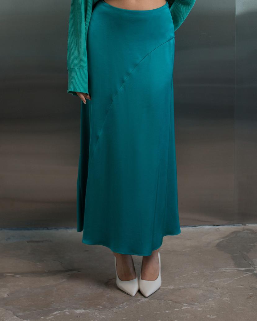 Teal satin bias-cut skirt
